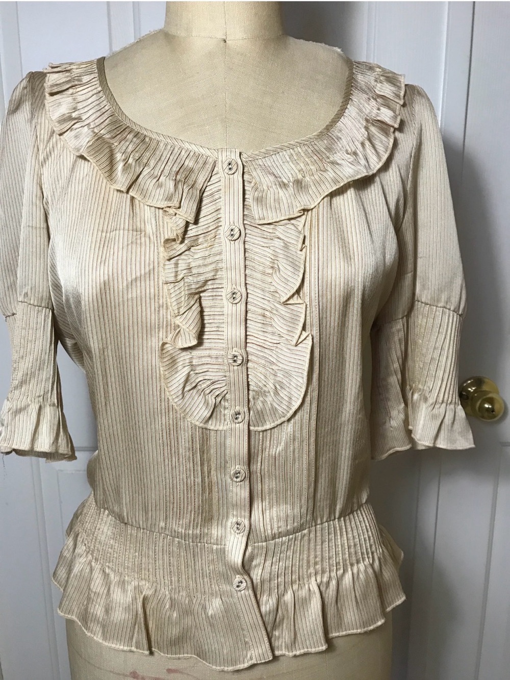 Converse John Varbatos Silk stripe Cream gold Ruffle Button-Front Blouse